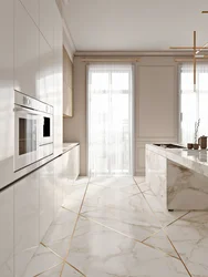 Beige porcelain tiles in the kitchen interior