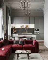 Burgundy sofa in the kitchen interior