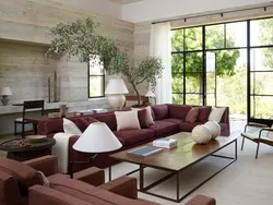 Burgundy sofa in the kitchen interior