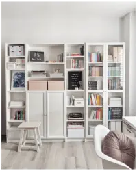 White bookcase in the living room interior