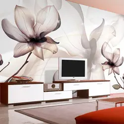Photo wallpaper flowers in the living room interior