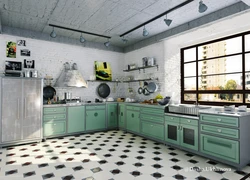 Green loft kitchen in the interior