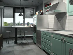 Green loft kitchen in the interior