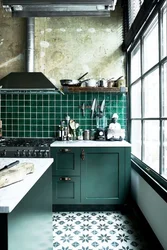 Green loft kitchen in the interior