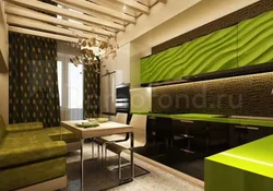 Green loft kitchen in the interior