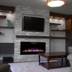 Narrow fireplace in the living room interior