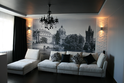 Photo wallpaper in the living room interior behind the sofa