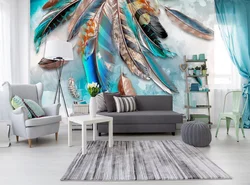 Wallpaper with feathers in the living room interior