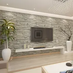 Stone wallpaper in the living room interior