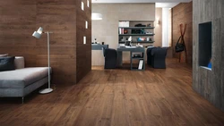 Wood-look porcelain tiles in the living room interior