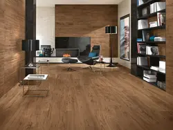 Wood-look porcelain tiles in the living room interior