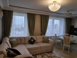 Brown beige curtains in the living room interior