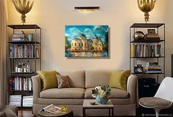 Paintings on a shelf in the living room interior
