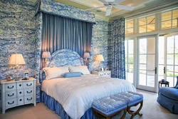 Gray-blue curtains in the bedroom interior