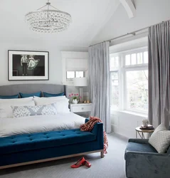 Gray blue bed in the bedroom interior