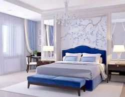 Gray blue bed in the bedroom interior
