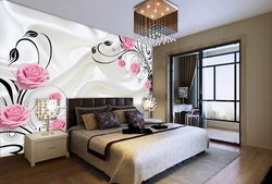 Bedroom interior with roses on wallpaper