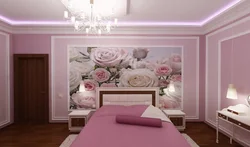 Bedroom interior with roses on wallpaper