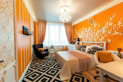 Gray and orange in the bedroom interior