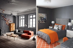 Gray and orange in the bedroom interior