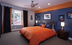 Серый и оранжевый в интерьере спальни