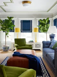 Сине зеленый диван в интерьере гостиной