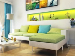 Blue-green sofa in the living room interior