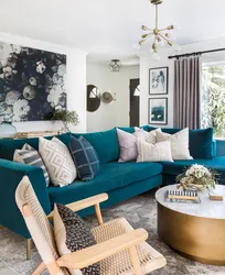 Blue-green sofa in the living room interior