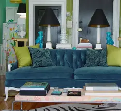 Blue-green sofa in the living room interior