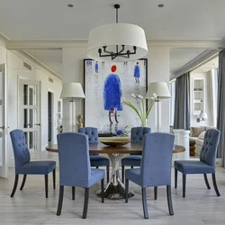 Blue Chairs In The Interior Of A White Kitchen
