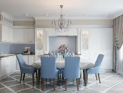Blue Chairs In The Interior Of A White Kitchen