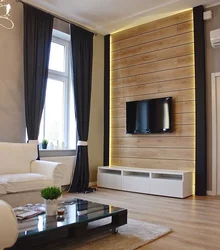 Living room interior with wood paneling