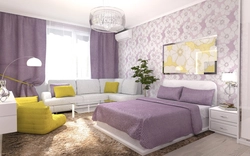 Beige with purple in the bedroom interior