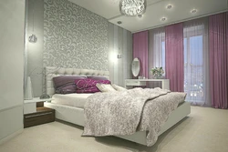 Beige with purple in the bedroom interior