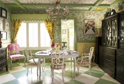 Wallpaper with houses in the kitchen interior