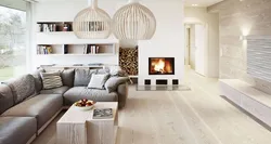 Wood-effect wallpaper in the living room interior
