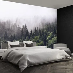Фотообои лес в тумане в интерьере спальни
