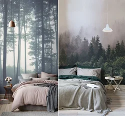 Photo wallpaper forest in the fog in the bedroom interior