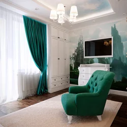 Sea ​​green curtains in the living room interior