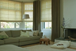 Roman Blind In The Living Room Interior With Tulle