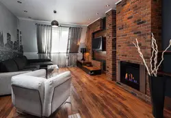 Gray brick in the living room interior with wallpaper