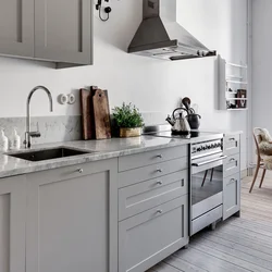 Gray kitchen with black handles in the interior