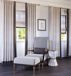 Marble curtains in the interior with tulle in the living room
