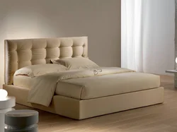 Beige bed with a soft headboard in the bedroom interior