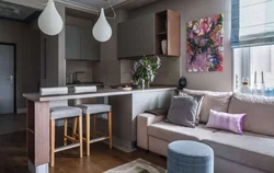 Kitchen And Sofa On One Wall In The Interior