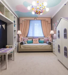 Дизайн прямоугольной детской спальни