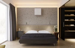 Дизайн спальни с рейками за кроватью