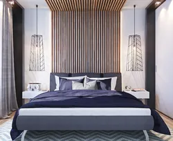 Bedroom design with slats behind the bed