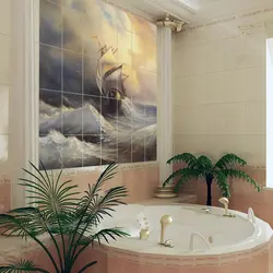 Қабырғадағы суреттері бар ванна бөлмесінің дизайны