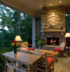 Terrace Design With Fireplace And Kitchen